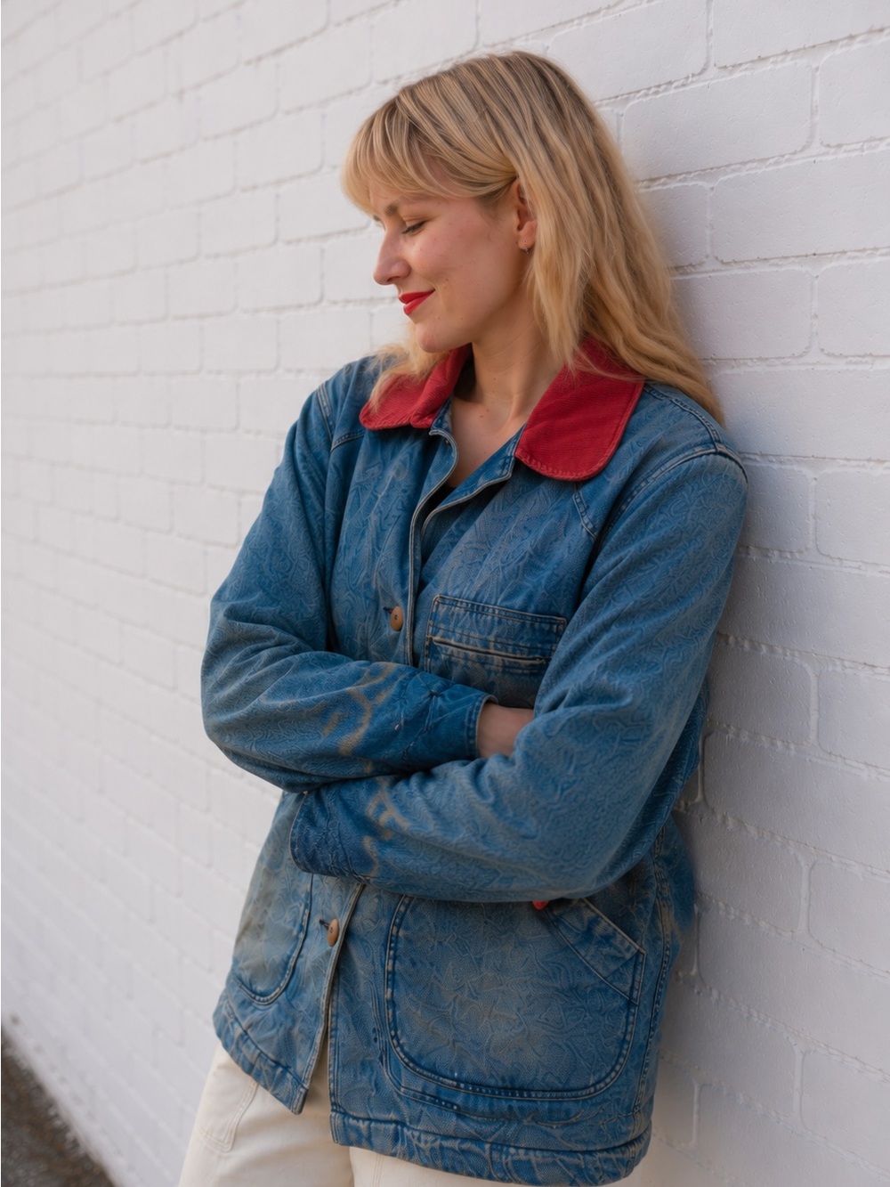 Vintage Denim Jean Chore Jacket Utility Coat Womens Large Blue Plaid fall grunge - Picture 2 of 16